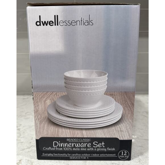 Boxed Set of 12 BEADED CLASSIC White Melamine Dinnerware Plates Bowls NEW - Picture 2 of 7